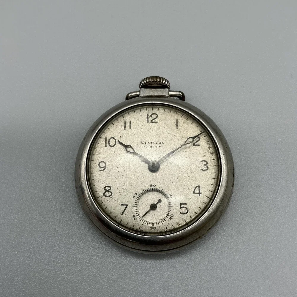 Vintage Westclox Scotty Pocket Watch Men 50mm Silver Tone White Dial Manual Wind